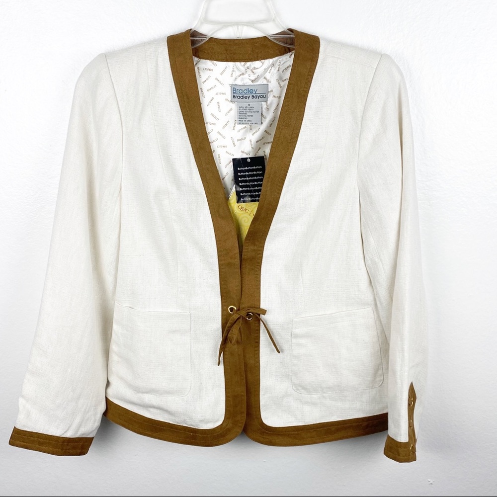 BRADLEY BAYOU Cream Brown Trim Speckled Linen Blend Blazer Jacket Size Small